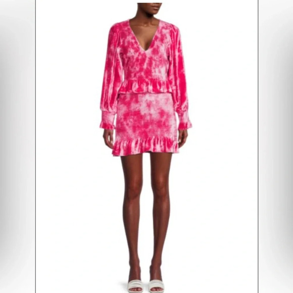 LOVESHACKFANCY Evan Tie Dye Long Sleeve Velvet Mini Dress Viscose Hot Pink - Picture 9 of 11
